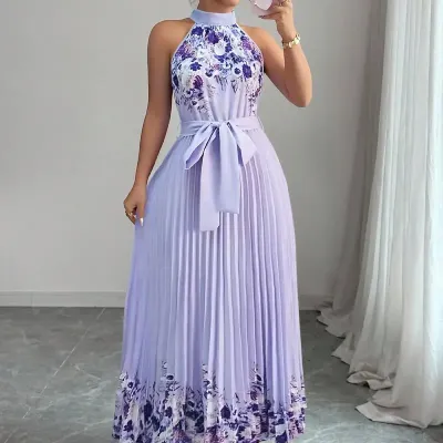 PRINTED PLEATED LONG SKIRT DRESS